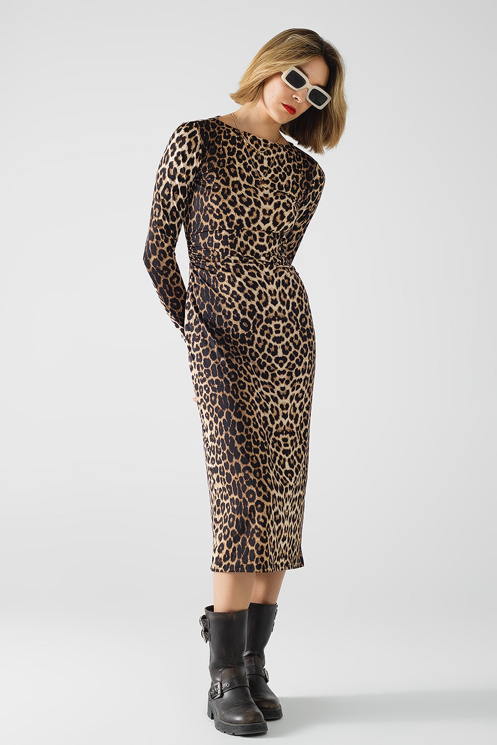 Leopard Print Spandex Dress with Pleat Detail at the Waist