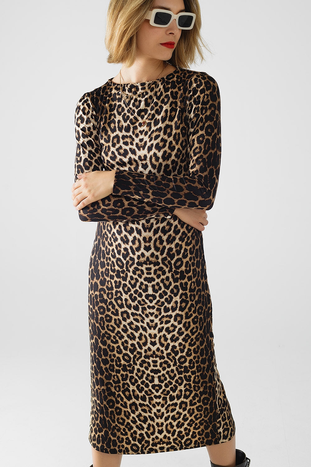 Leopard Print Spandex Dress with Pleat Detail at the Waist