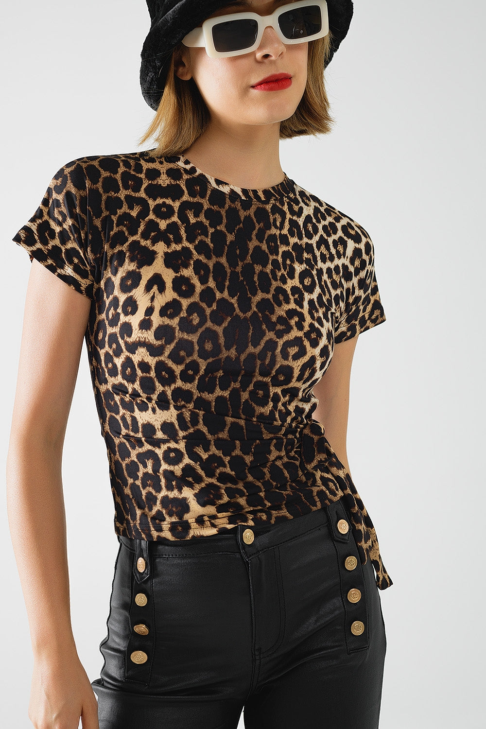 Leopard Print Spandex T-shirt with Bow Detail