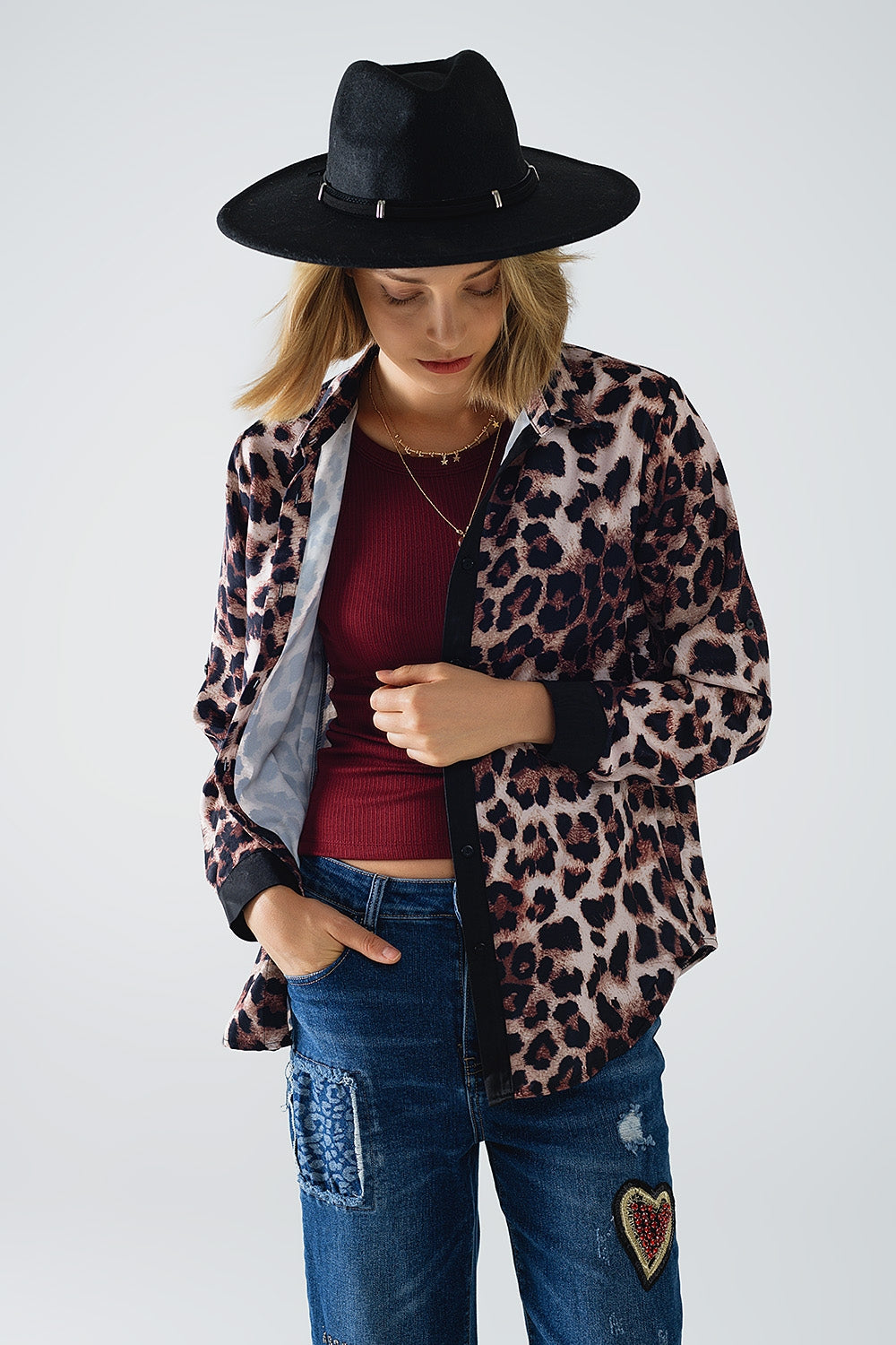 Leopard Shirt with Black Satin Detail