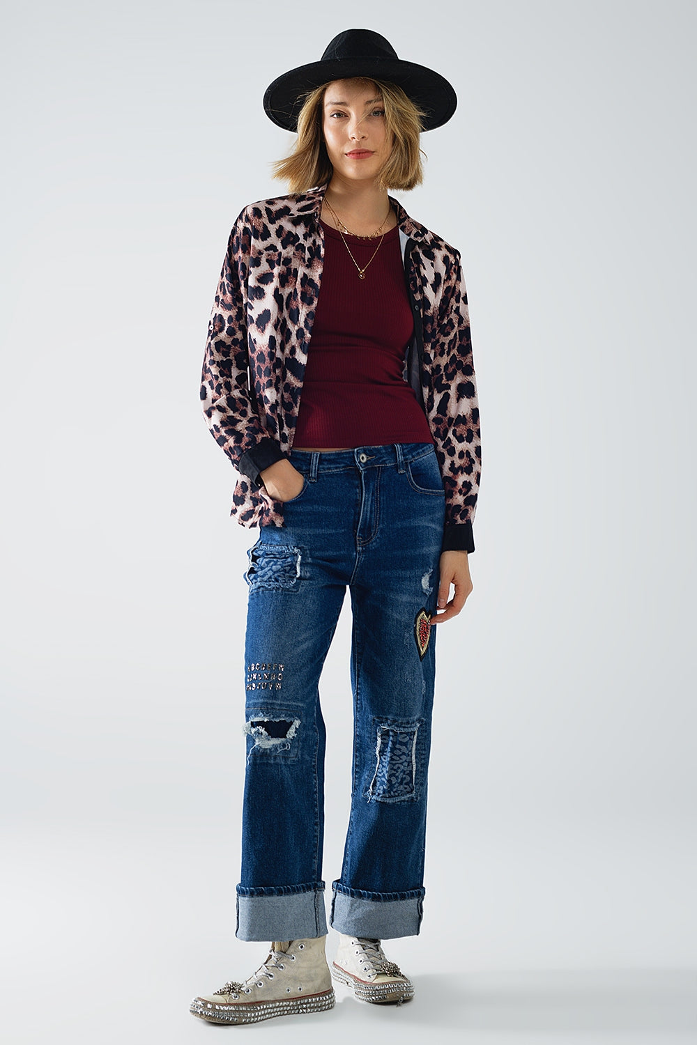 Leopard Shirt with Black Satin Detail