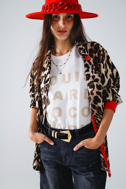 Q2 Leopard Shirt WIth Red Button Placket And Red Sleeves Detail