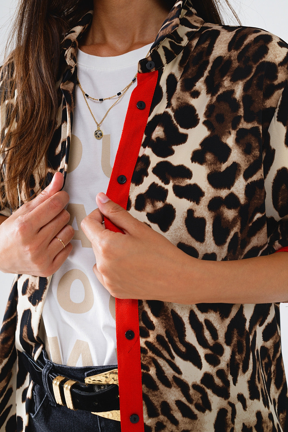 Leopard Shirt wIth Red Button Placket and Red Sleeves Detail