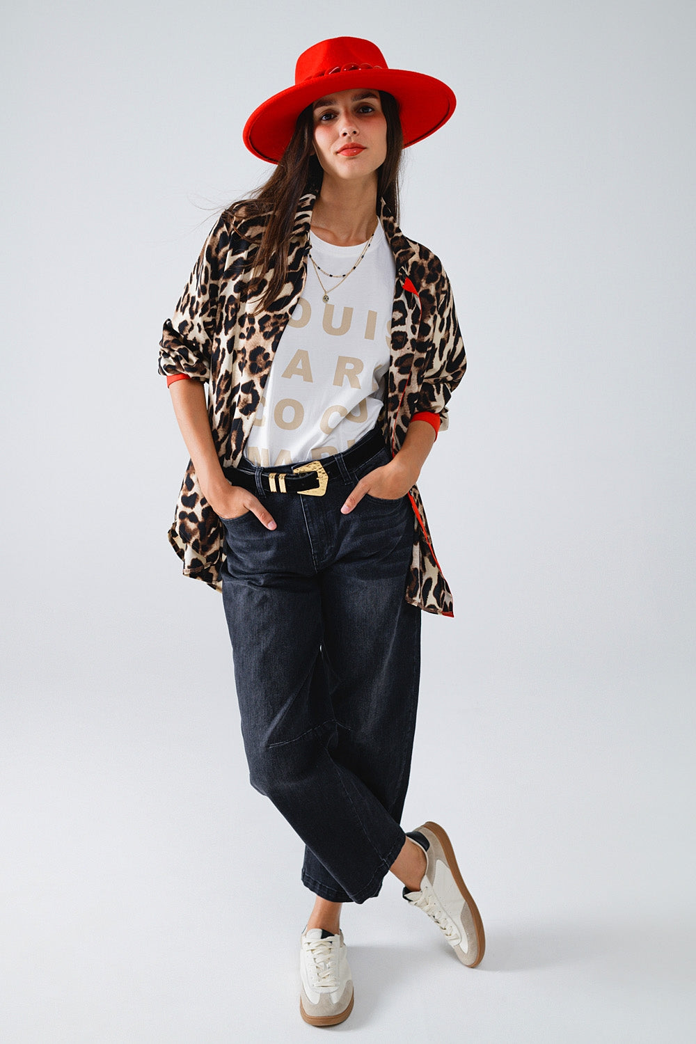 Leopard Shirt wIth Red Button Placket and Red Sleeves Detail