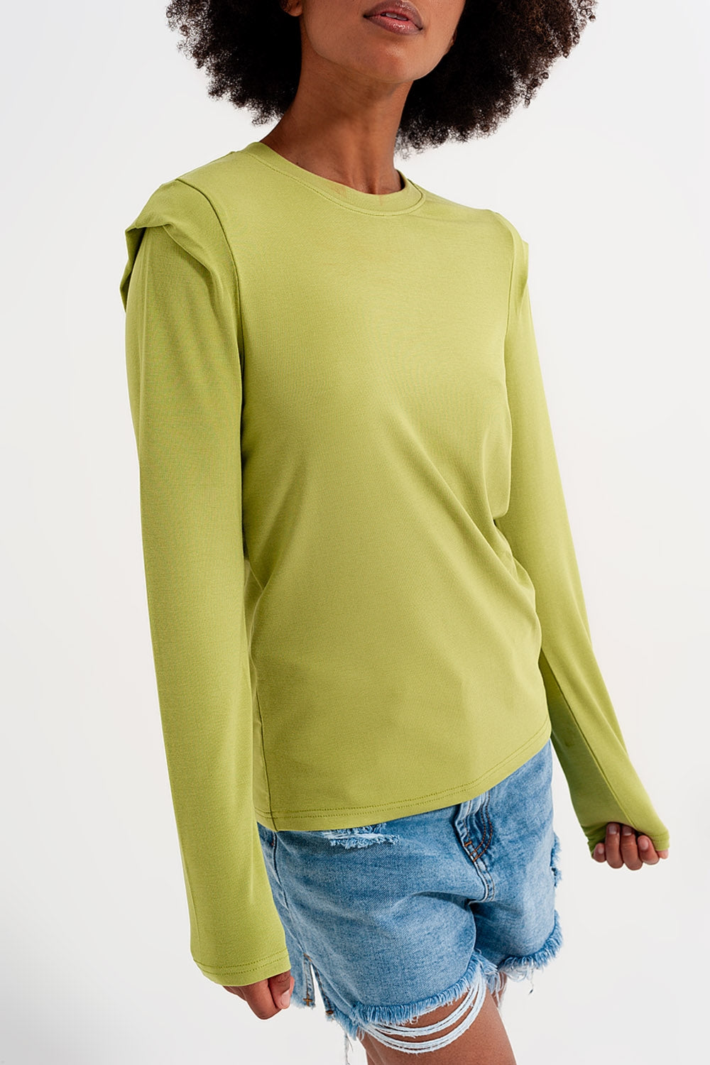 Long Sleeve Top with Shoulder Detail in Green