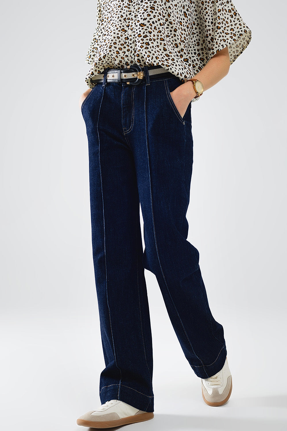 Long Straight Dark Blue Jeans with Contrast Stitching