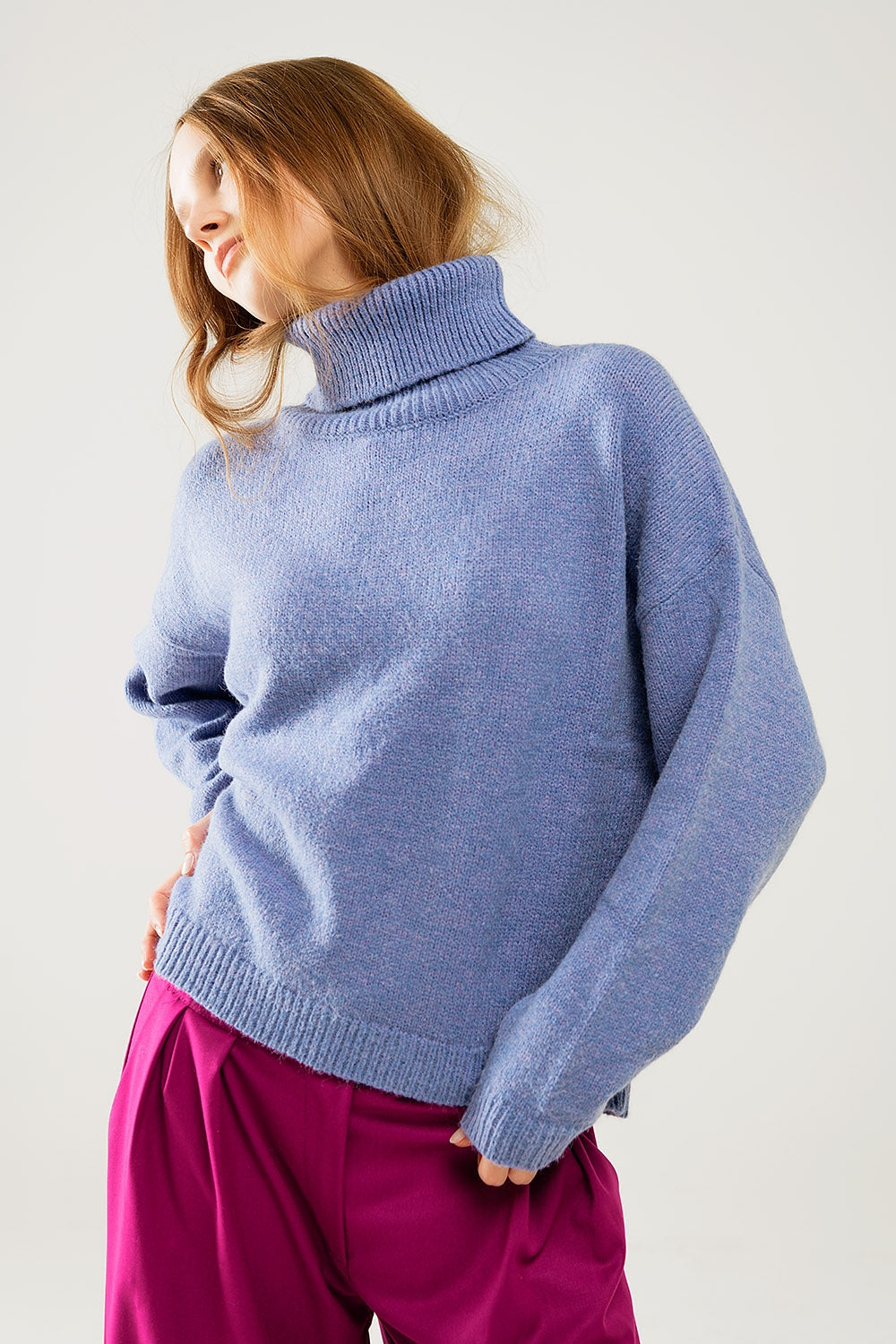 Loose Blue Sweater with Dropped Sleeves