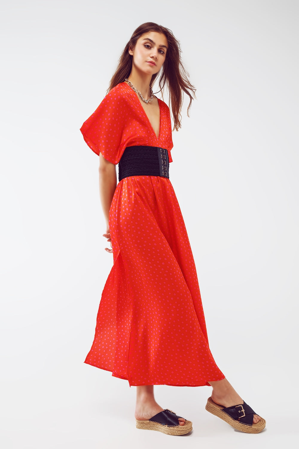 Maxi Cinched at the Waist Dress with Angel Sleeves In Red Polka Dot