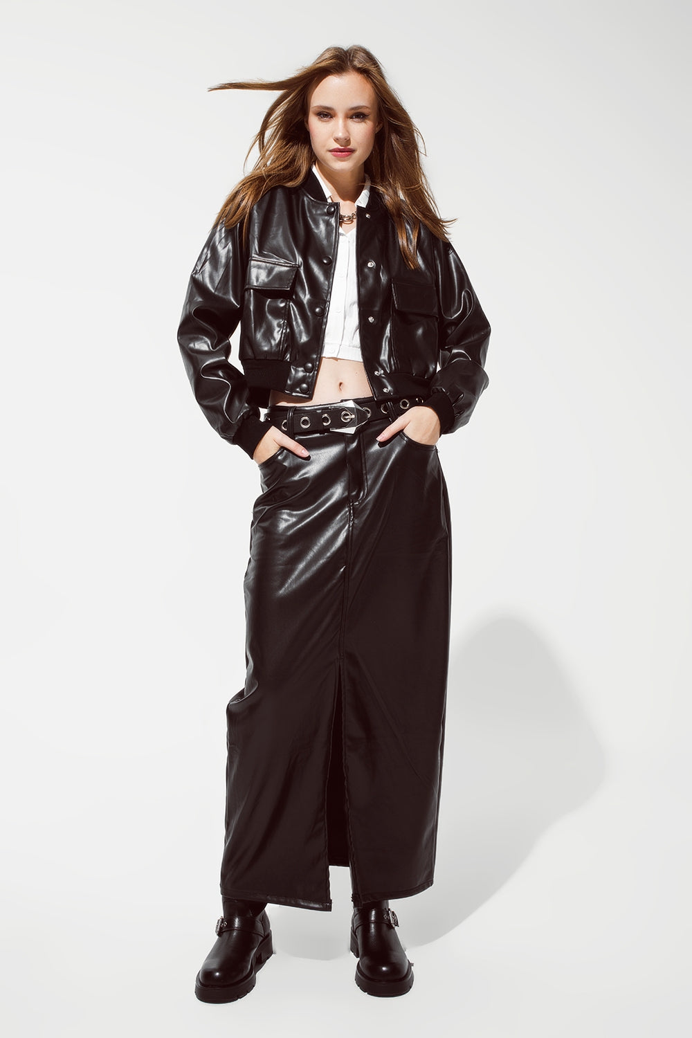 Maxi Faux Leather Skirt with Cut at the Front