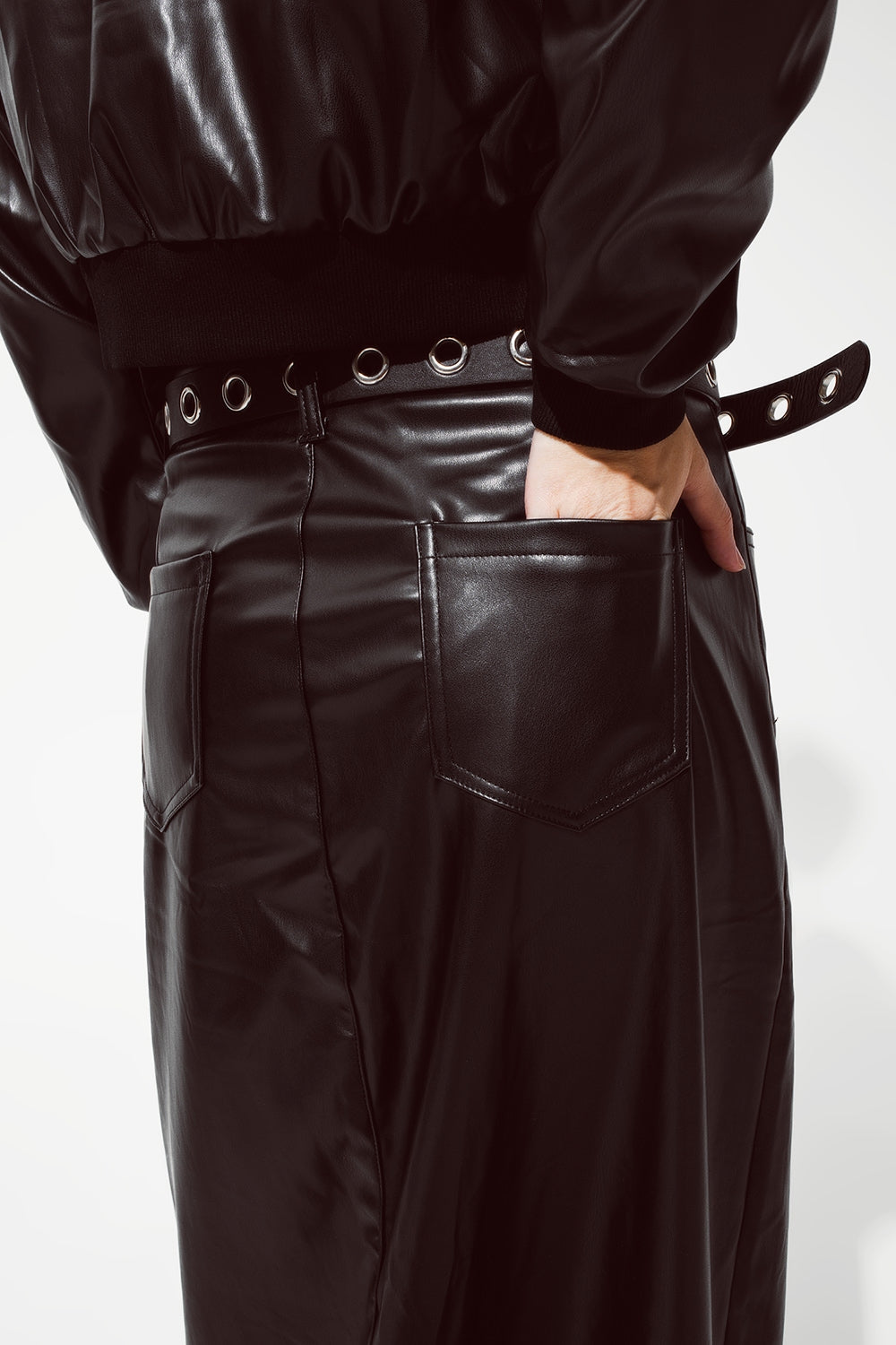 Maxi Faux Leather Skirt with Cut at the Front