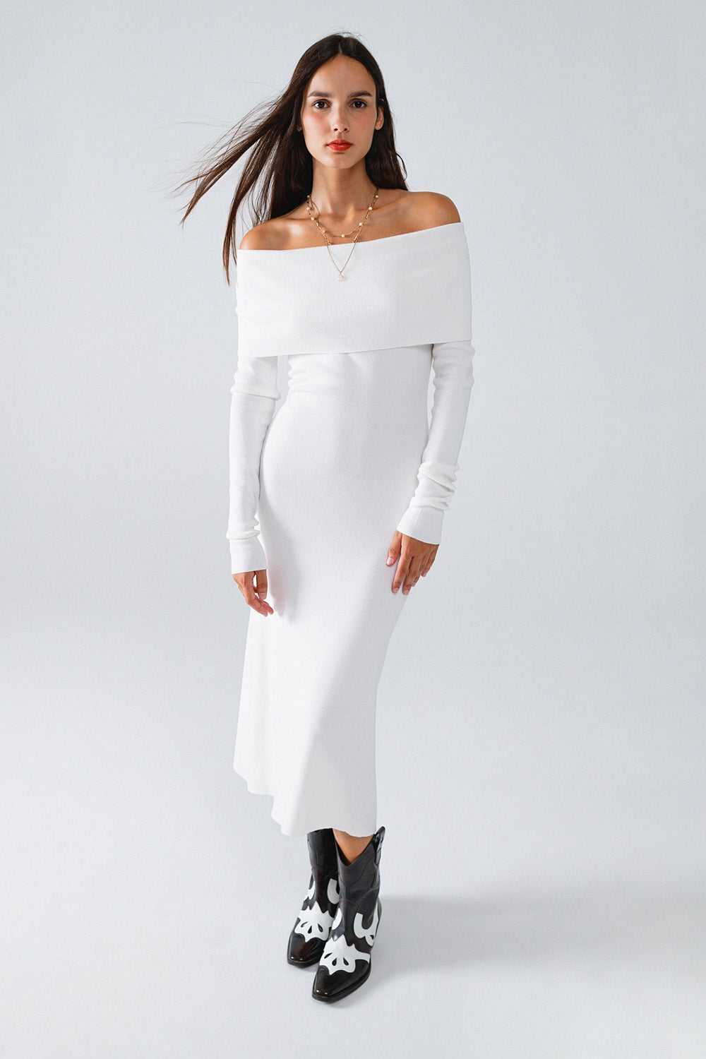 Maxi Knitted Foldover Bardot Dress in White