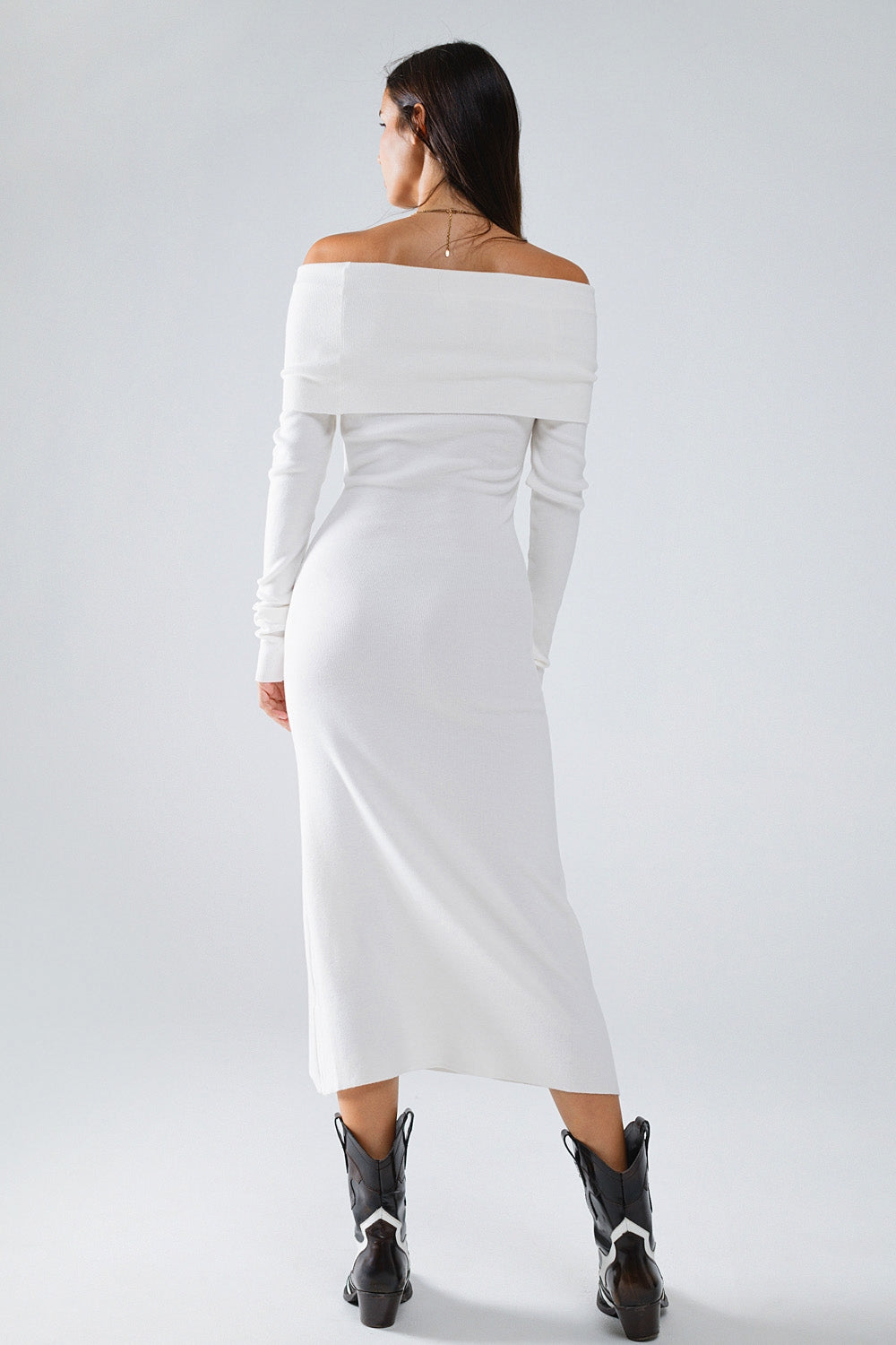 Maxi Knitted Foldover Bardot Dress in White