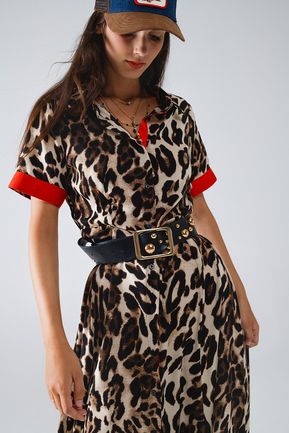 Maxi Leopard Button-Down Dress with Red Details