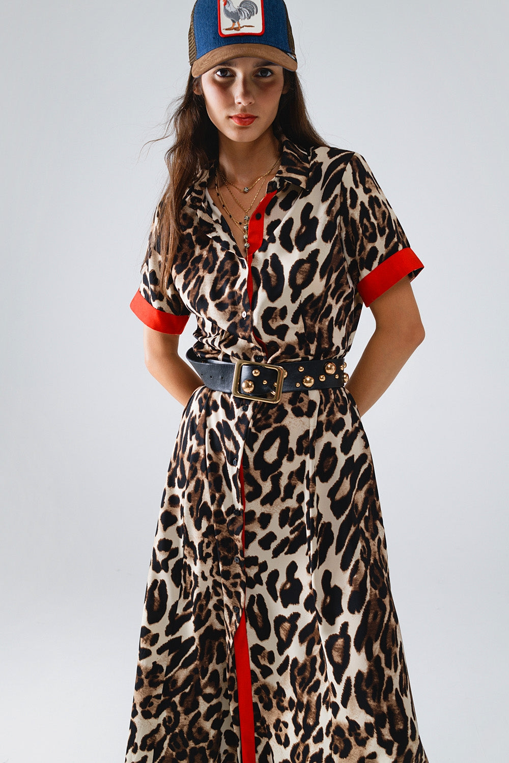 Maxi Leopard Button-Down Dress with Red Details