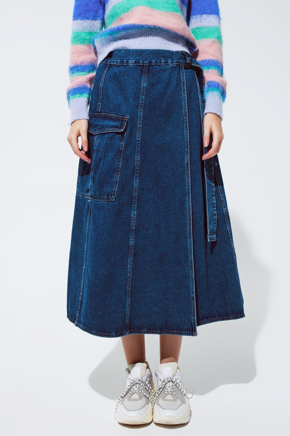 Maxi Wrap Denim Skirt with Pocket Detail