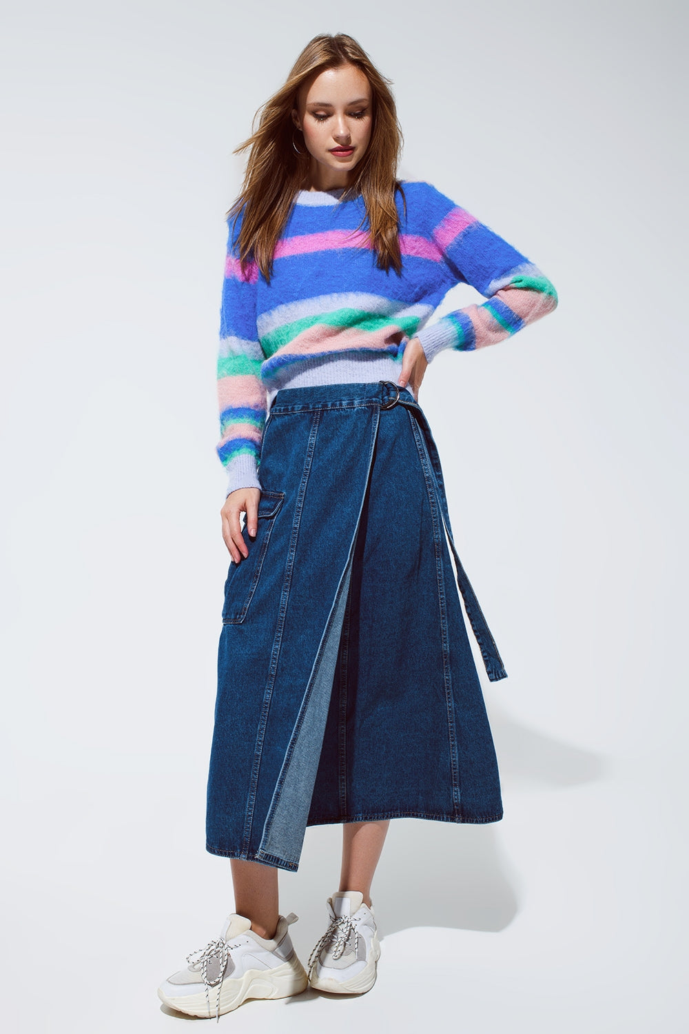 Maxi Wrap Denim Skirt with Pocket Detail