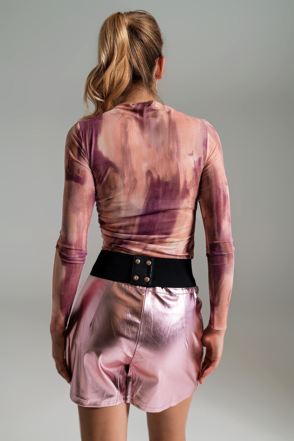 Mesh Top Rouched at the Side in Abstract Pink Print