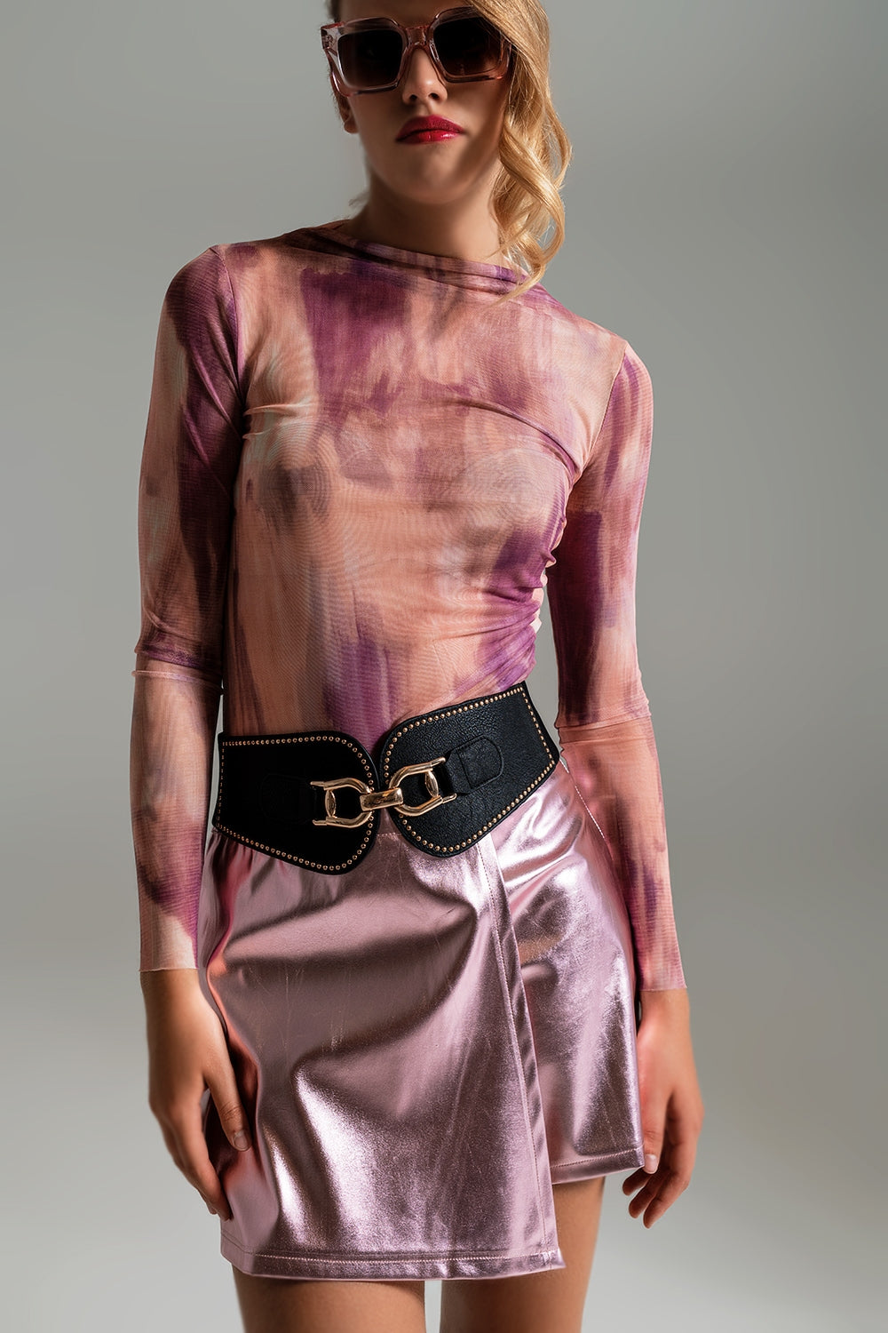 Mesh Top Rouched at the Side in Abstract Pink Print