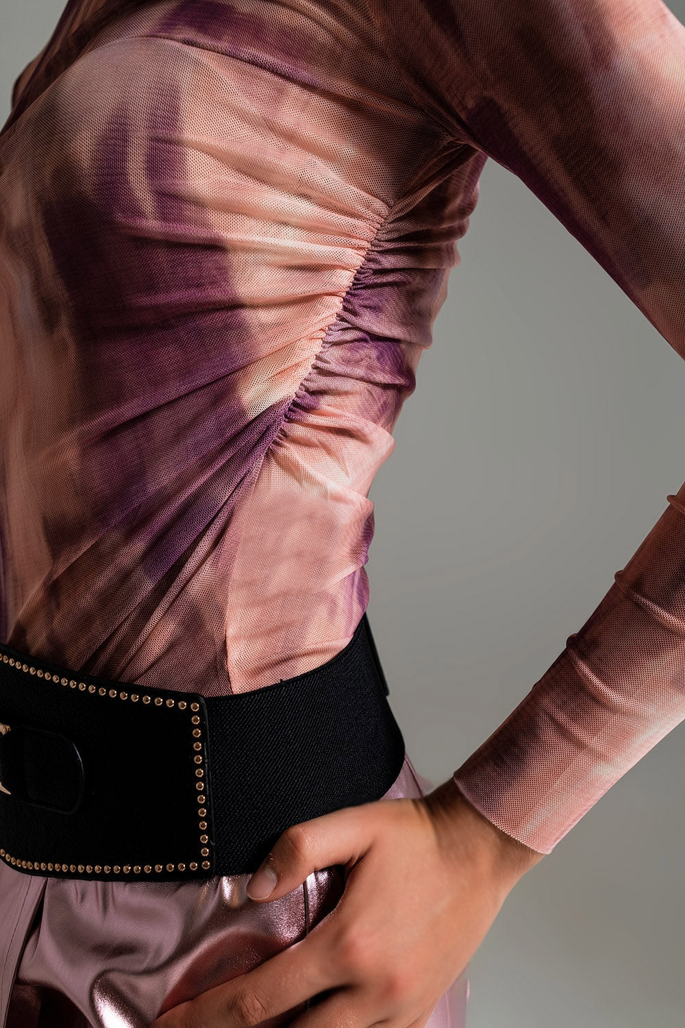 Mesh Top Rouched at the Side in Abstract Pink Print