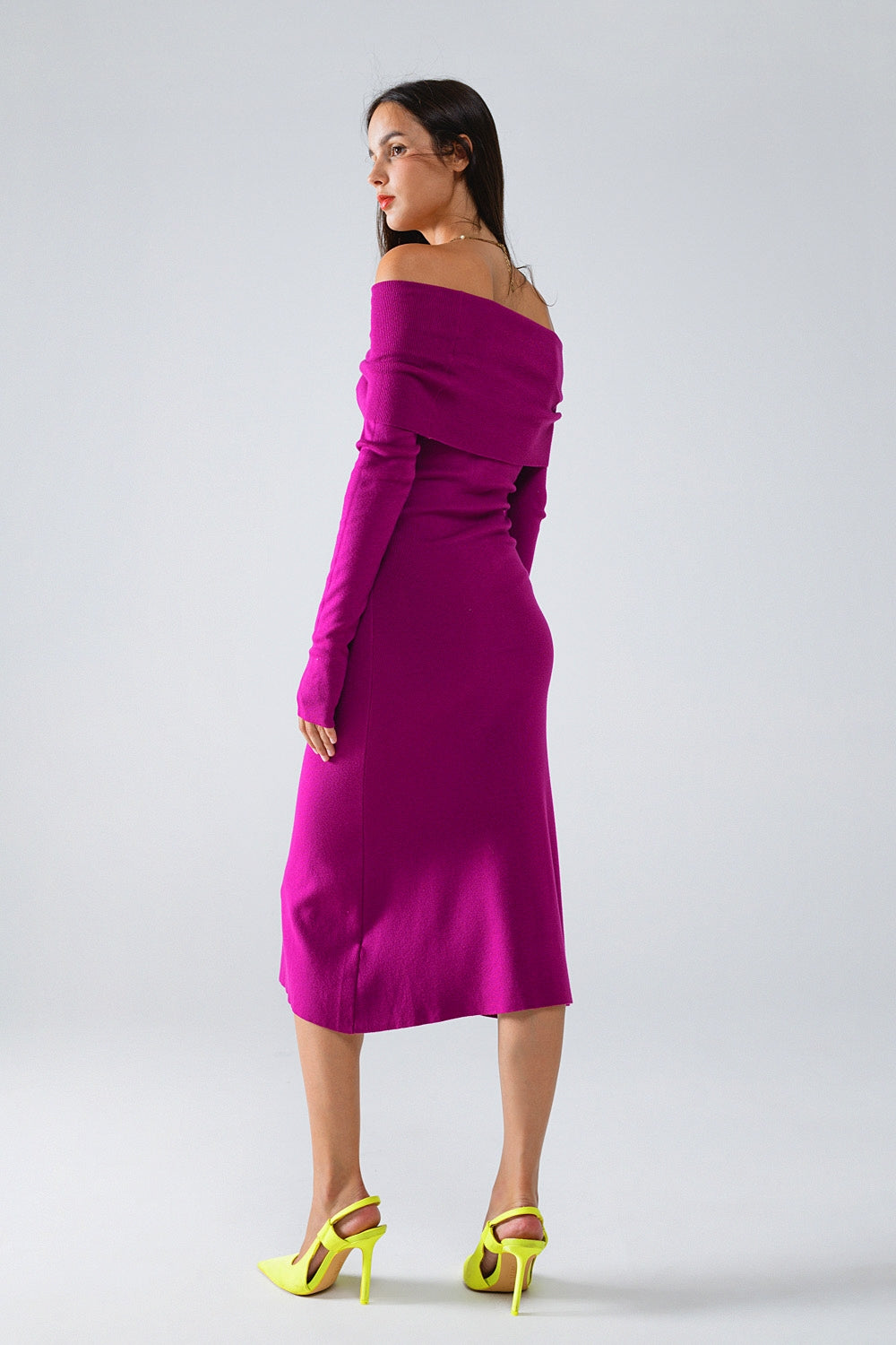 Midi Knitted Foldover Bardot Dress in Magenta