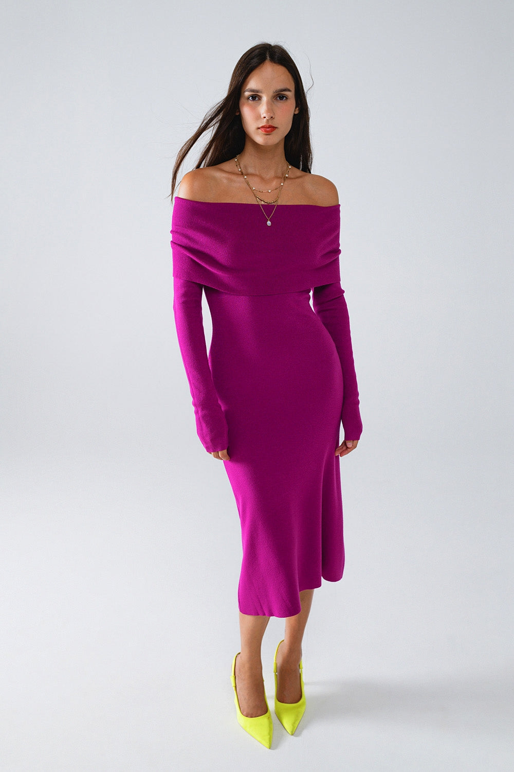 Midi Knitted Foldover Bardot Dress in Magenta