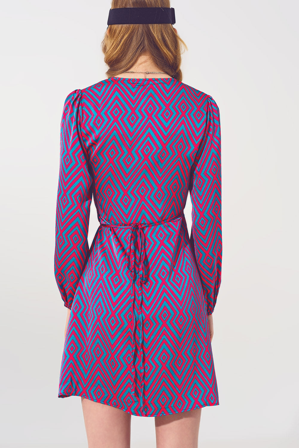 Mini V Neck Wrap Dress with Geometric Print