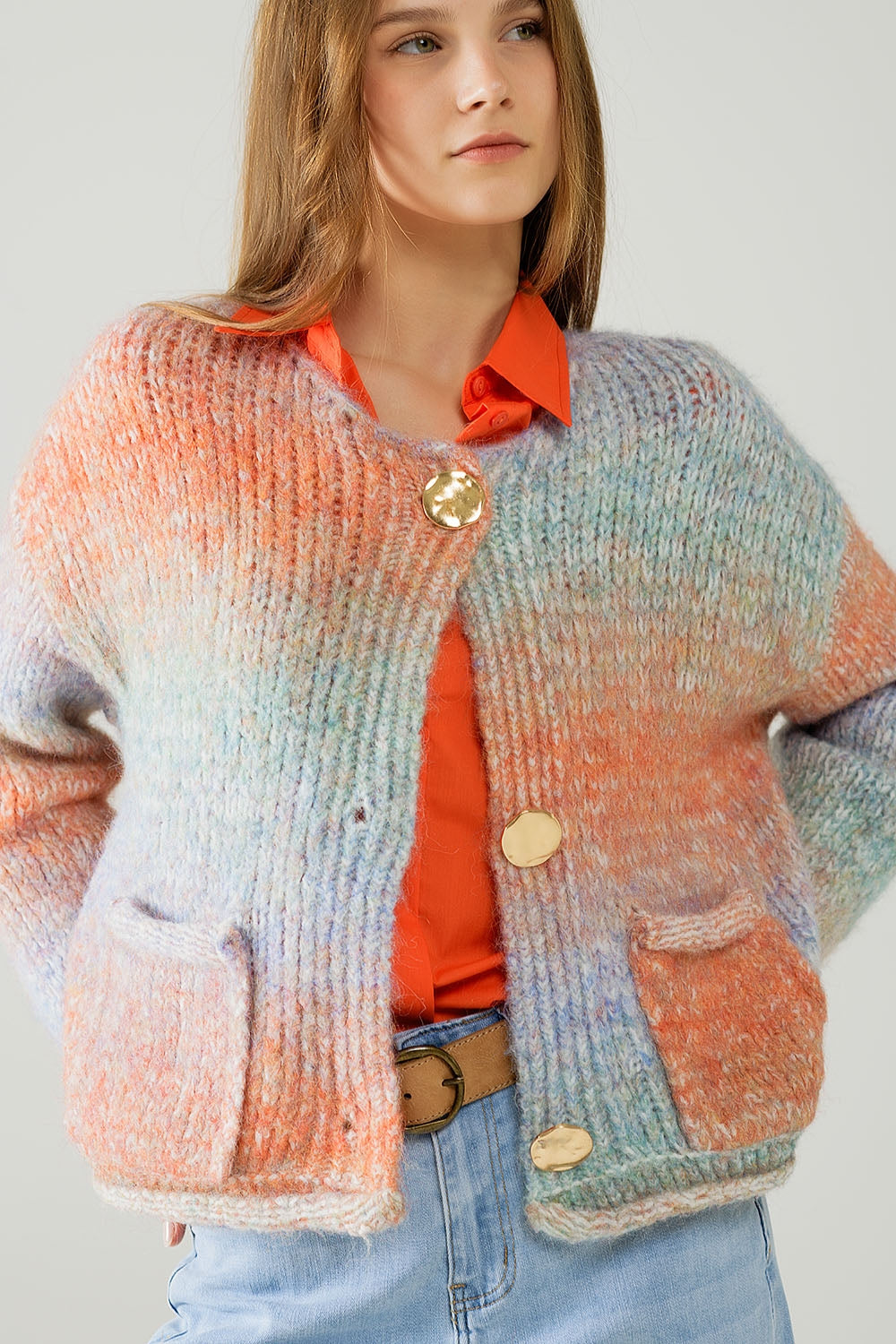 Multicolor Knit Cardigan with 3 Gold Buttons