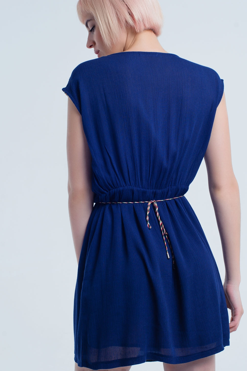 Navy Blue Mini Dress with Embroidery