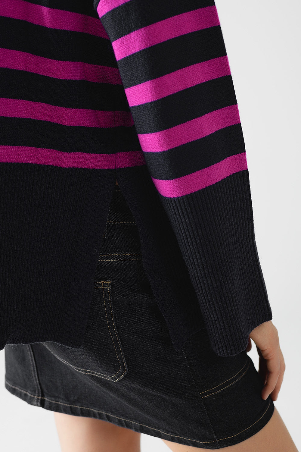 Navy Oversized Turtleneck Sweater with Fuchsia Stripes and Splits on the Side