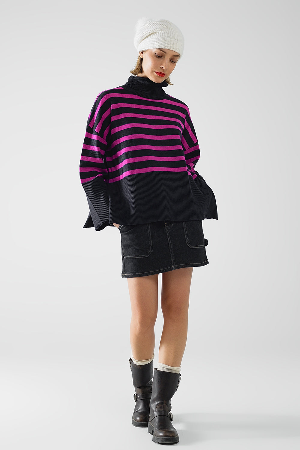 Navy Oversized Turtleneck Sweater with Fuchsia Stripes and Splits on the Side