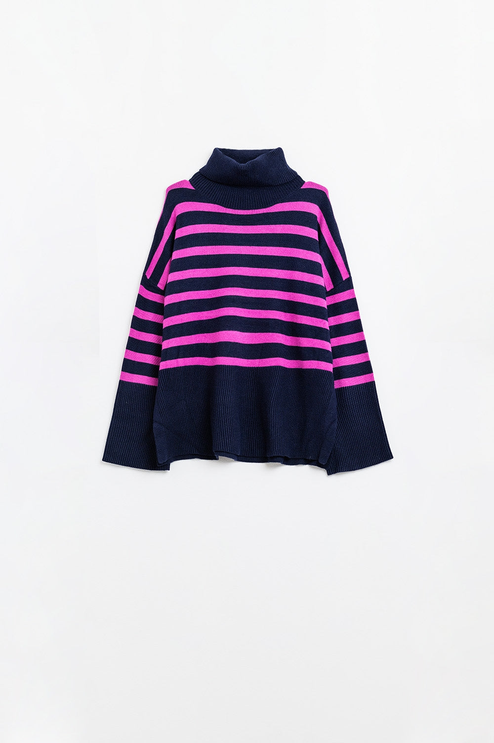 Navy Oversized Turtleneck Sweater with Fuchsia Stripes and Splits on the Side