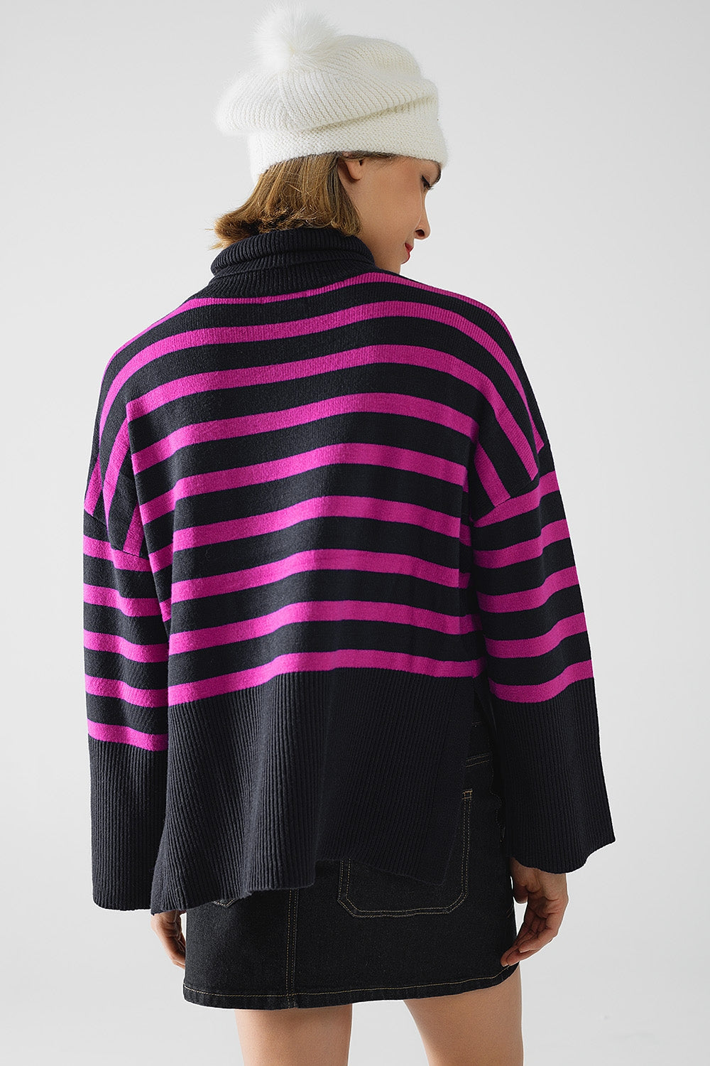 Navy Oversized Turtleneck Sweater with Fuchsia Stripes and Splits on the Side