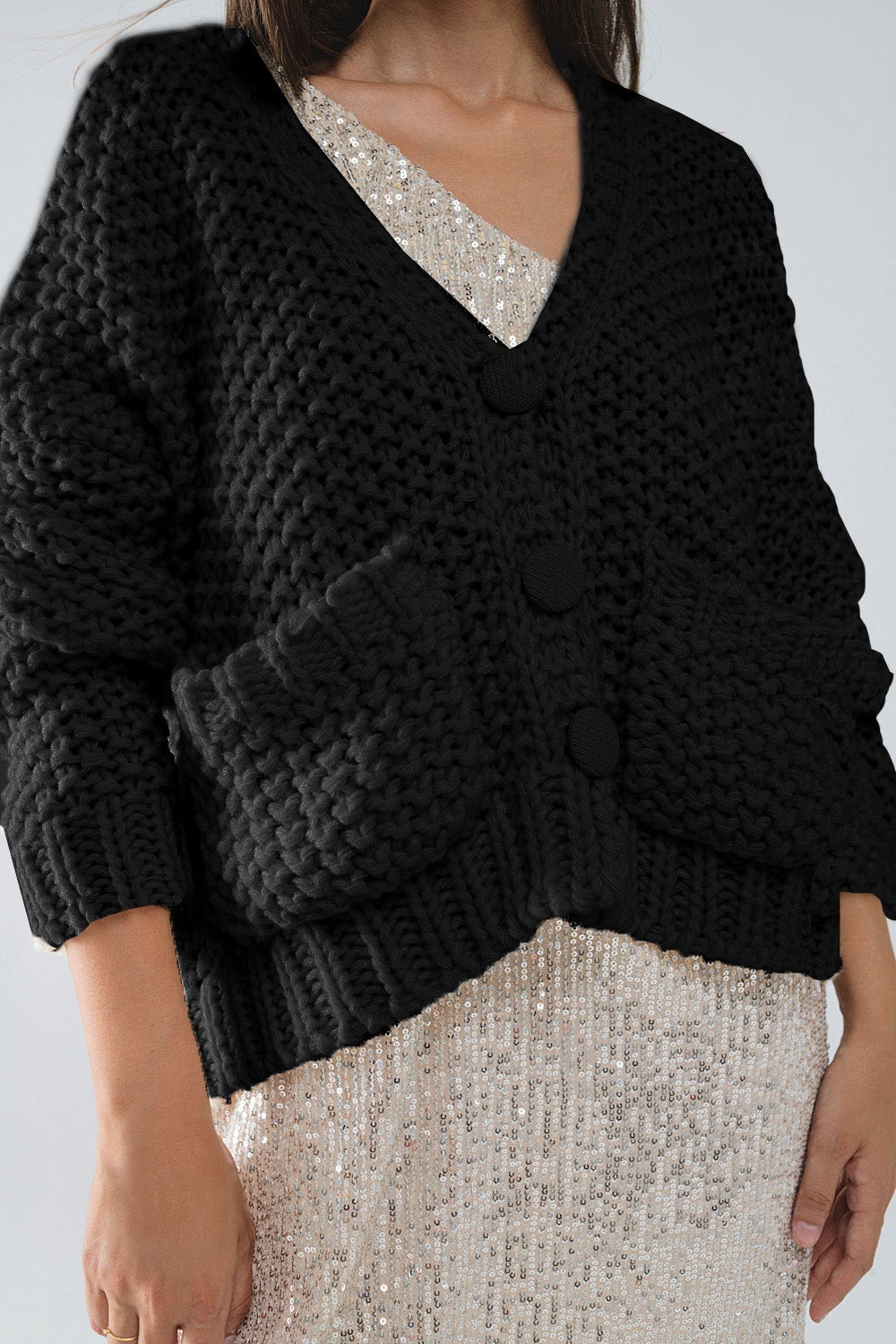 Oversized Black Chunky Knit Jacket with Pockets