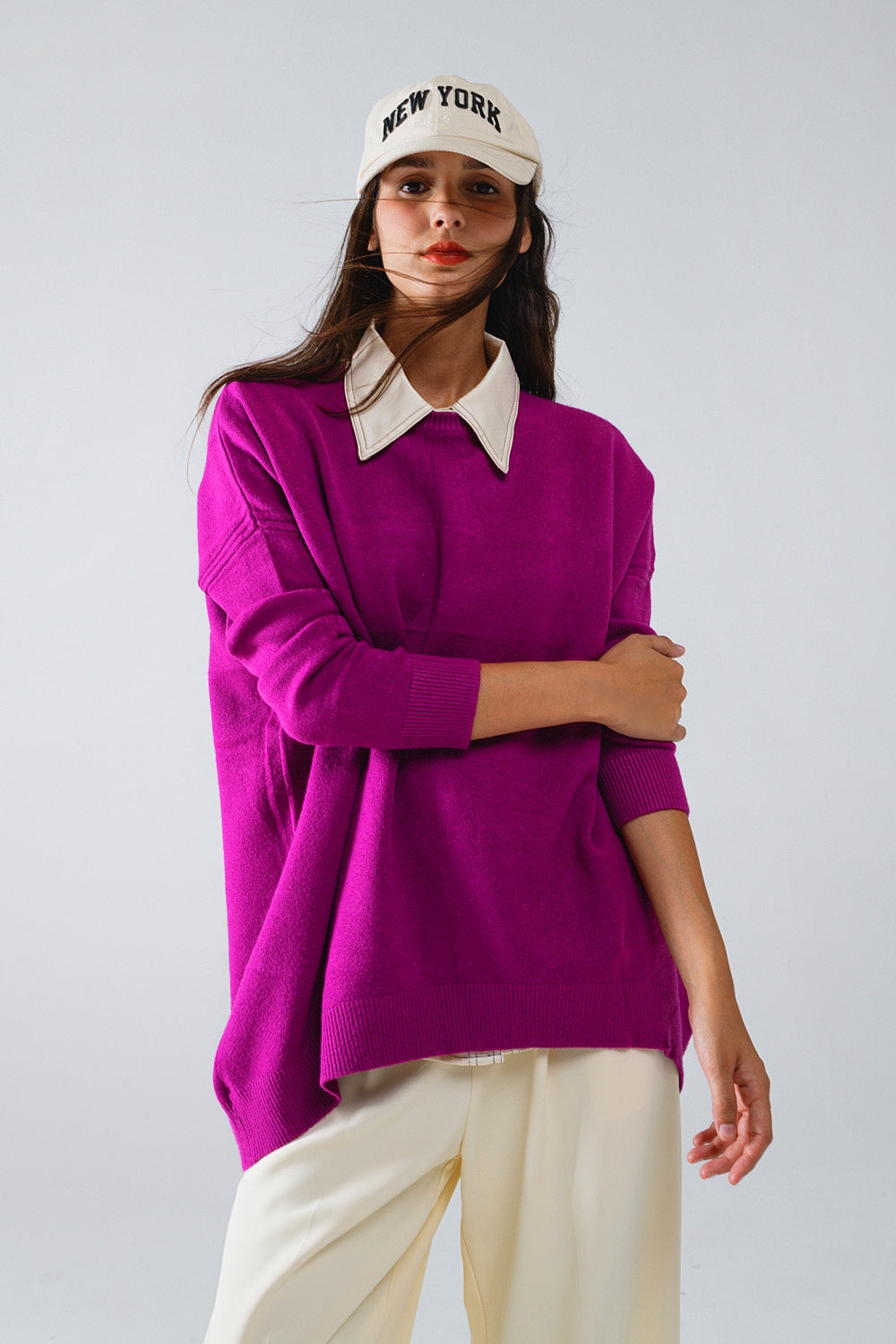 Oversized Crew Neck Long Sleeve Sweater in Fuchsia