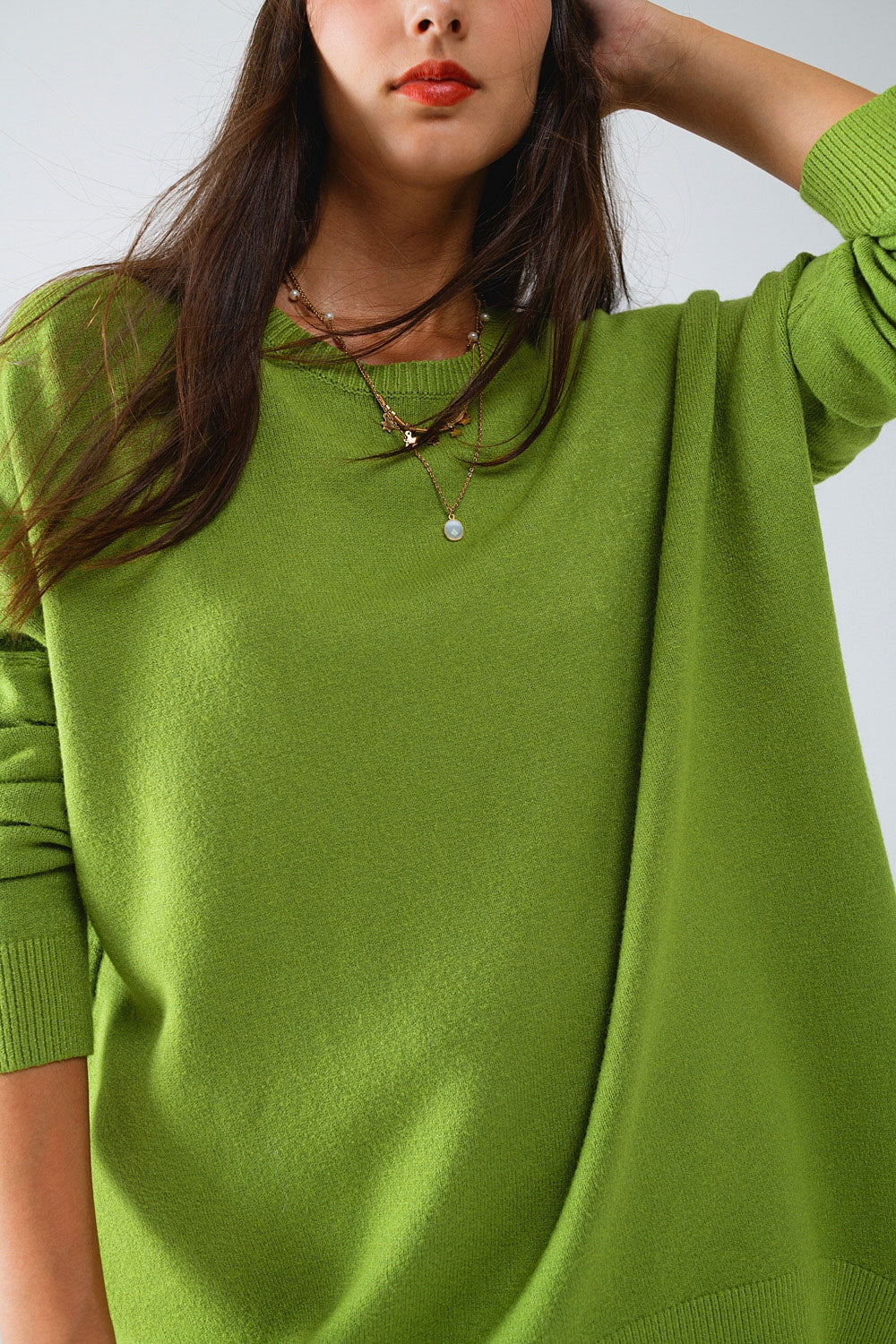 Oversized Crew Neck Long Sleeve Sweater in Olive Green