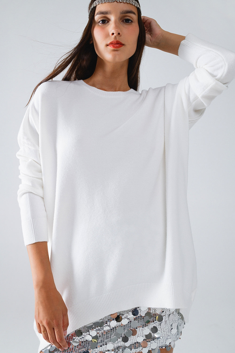 Oversized Crew Neck Long Sleeve Sweater in White