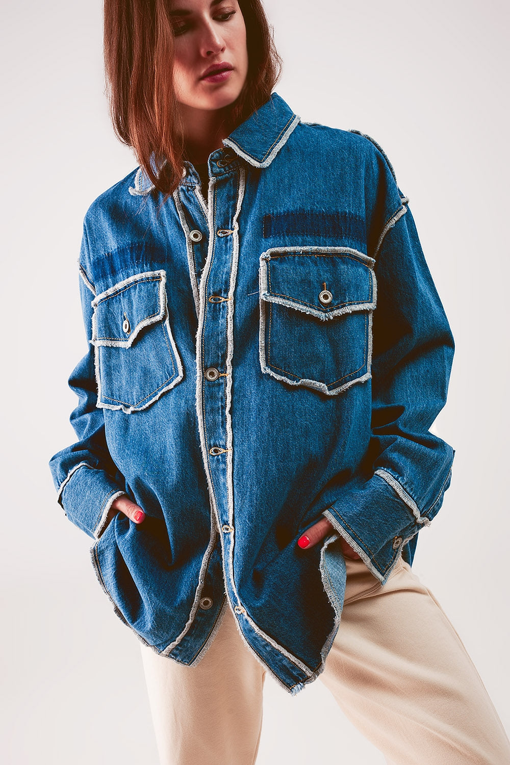 Oversized Denim Shacket with Contour Seam Detail in Mid Wash