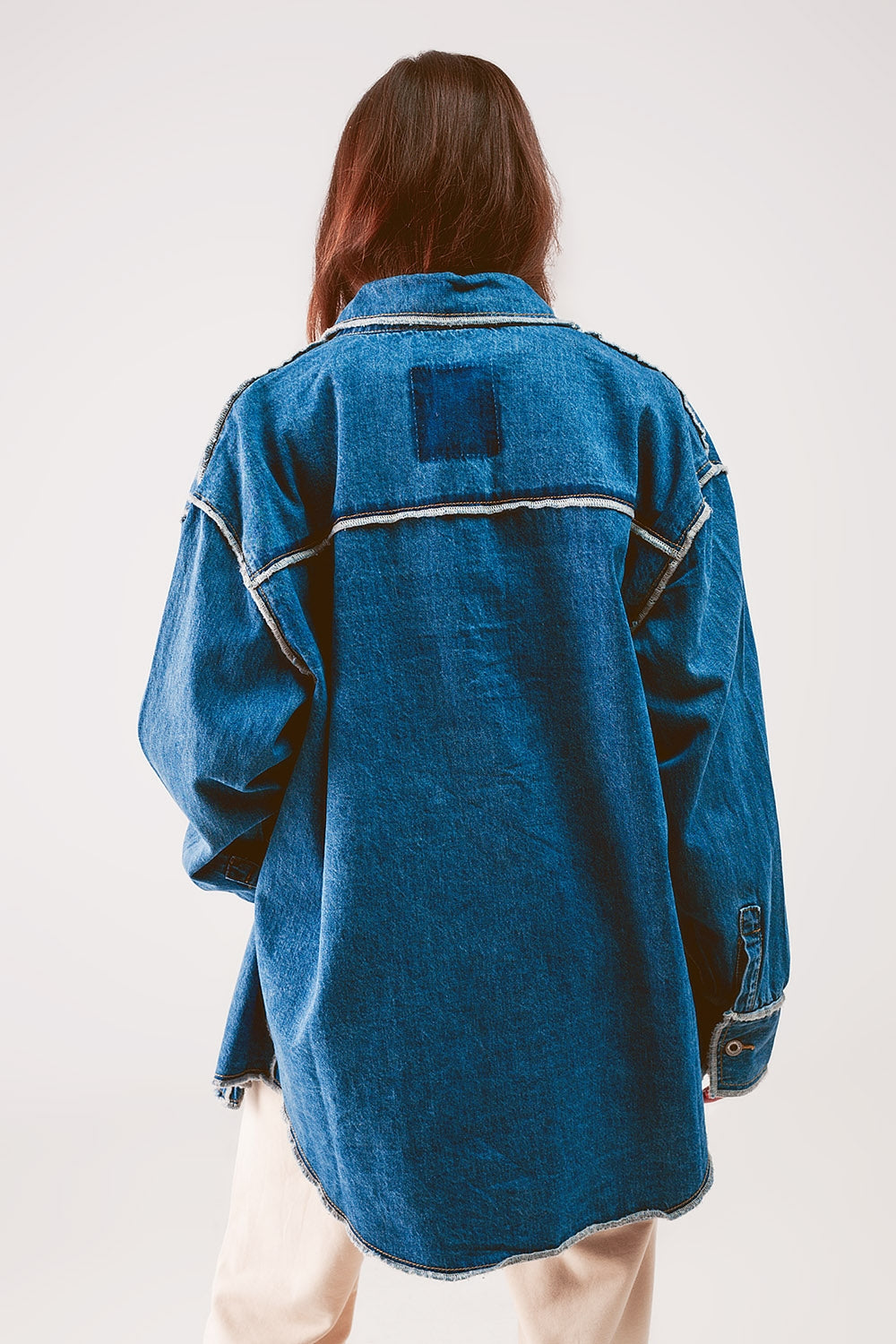 Oversized Denim Shacket with Contour Seam Detail in Mid Wash