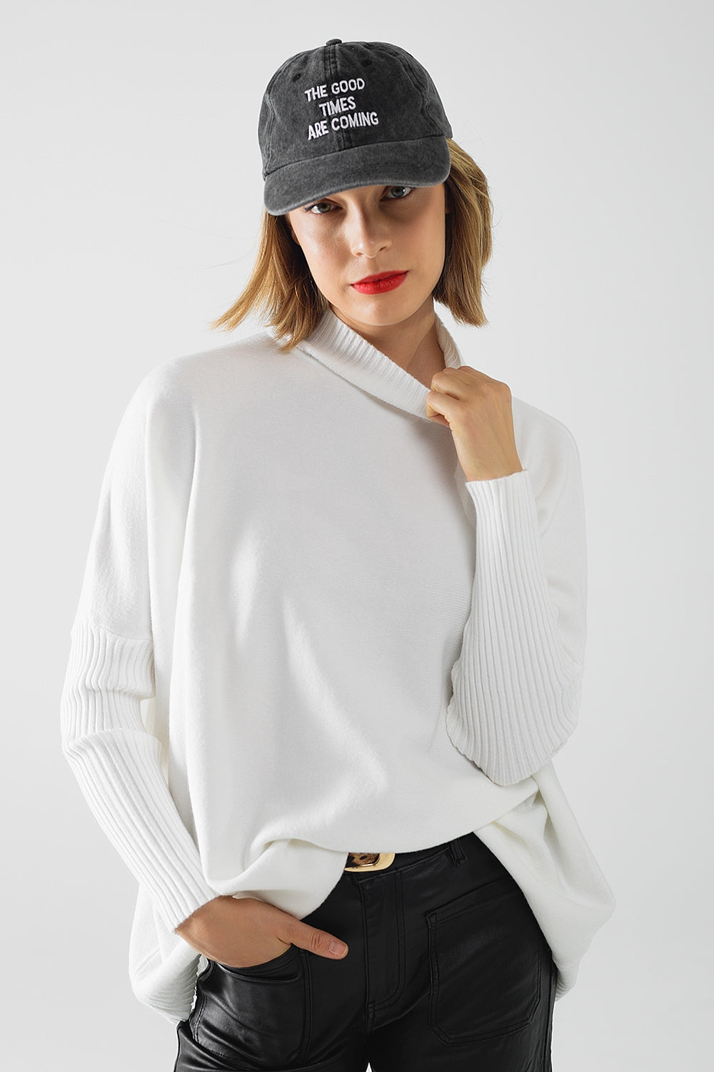 Oversized Soft Knitted White Sweater with Ribbed Sleeves