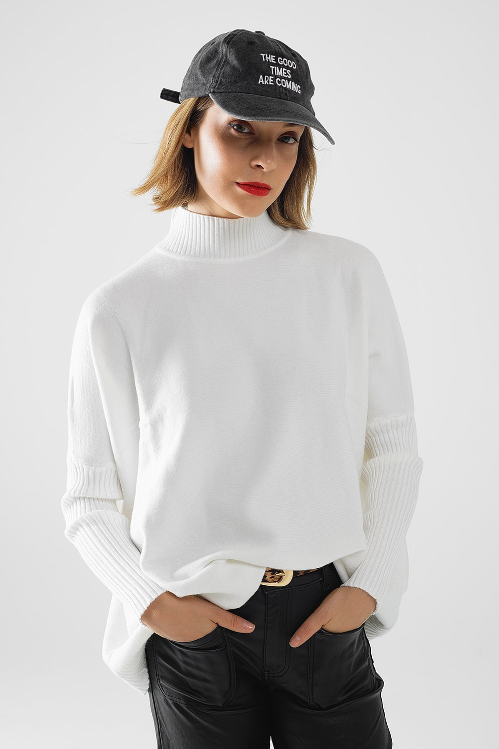 Oversized Soft Knitted White Sweater with Ribbed Sleeves