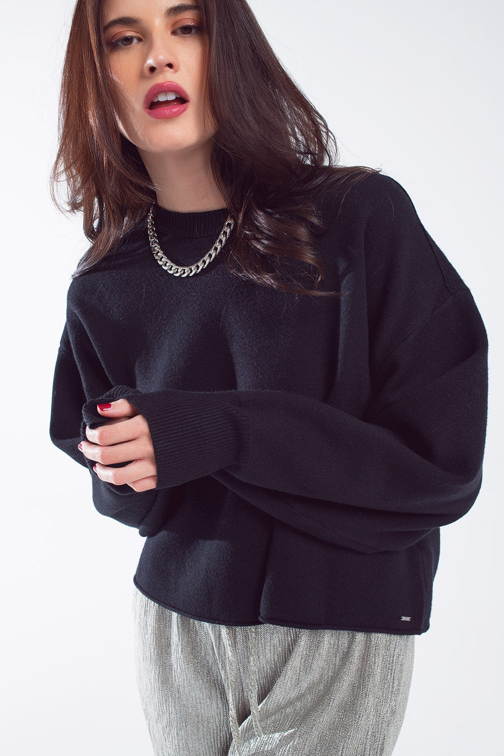 Q2 Oversized Sweater With Boatneck in Black