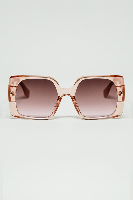 Q2 Pink square sunglasses with gold detail on the side