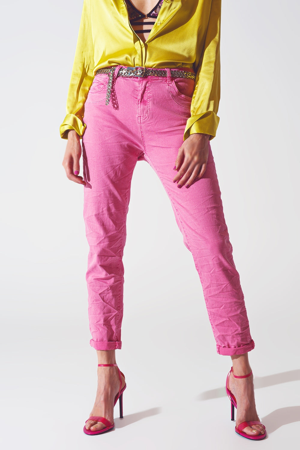 Q2 Pink Wrinkled Skinny Jeans