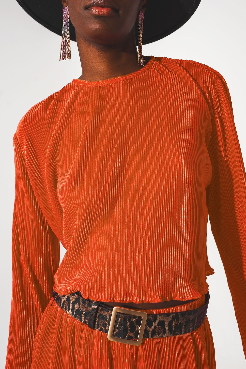 Pleated Round Neck Crop Top in Orange