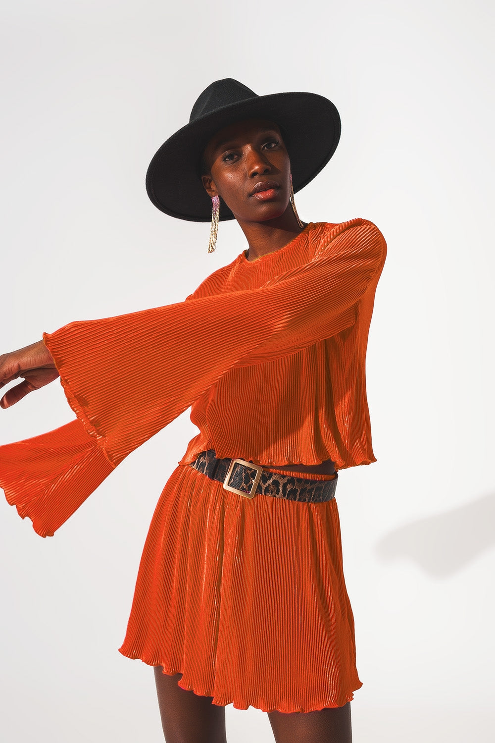 Pleated Round Neck Crop Top in Orange