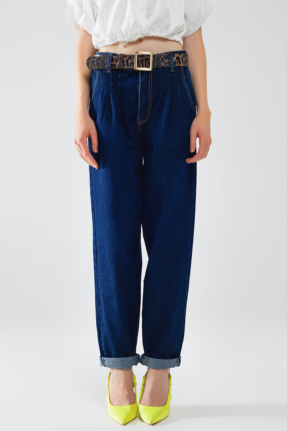 Q2 Raw Blue Mom Jeans With Pleated Detail