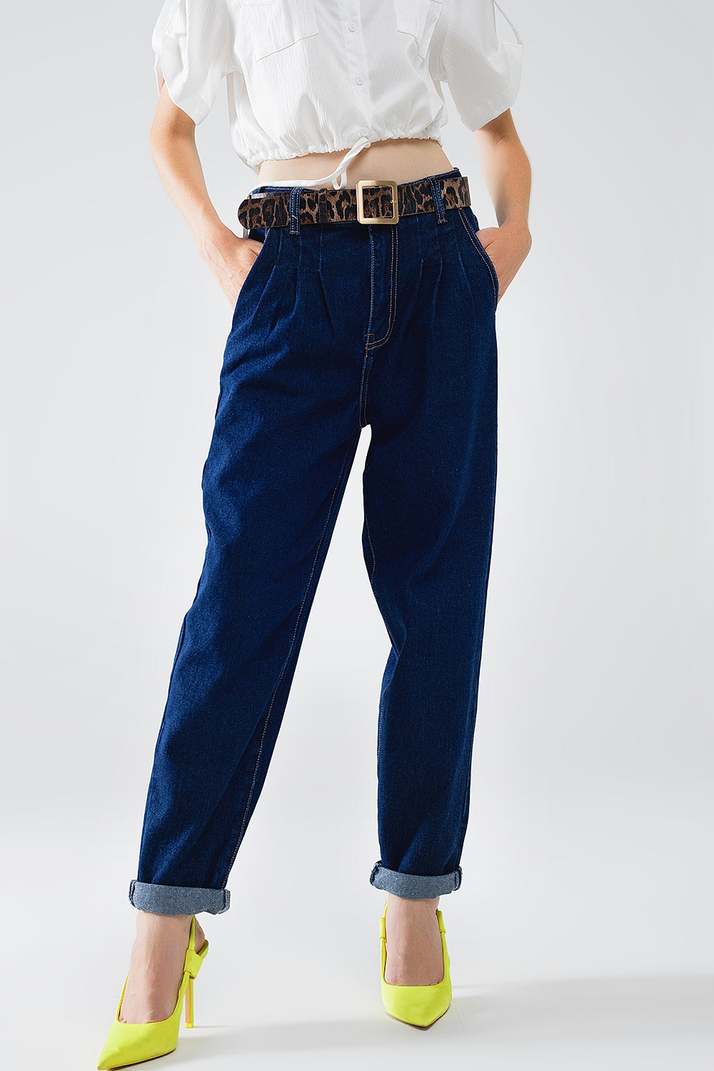 Raw Blue Mom Jeans with Pleated Detail