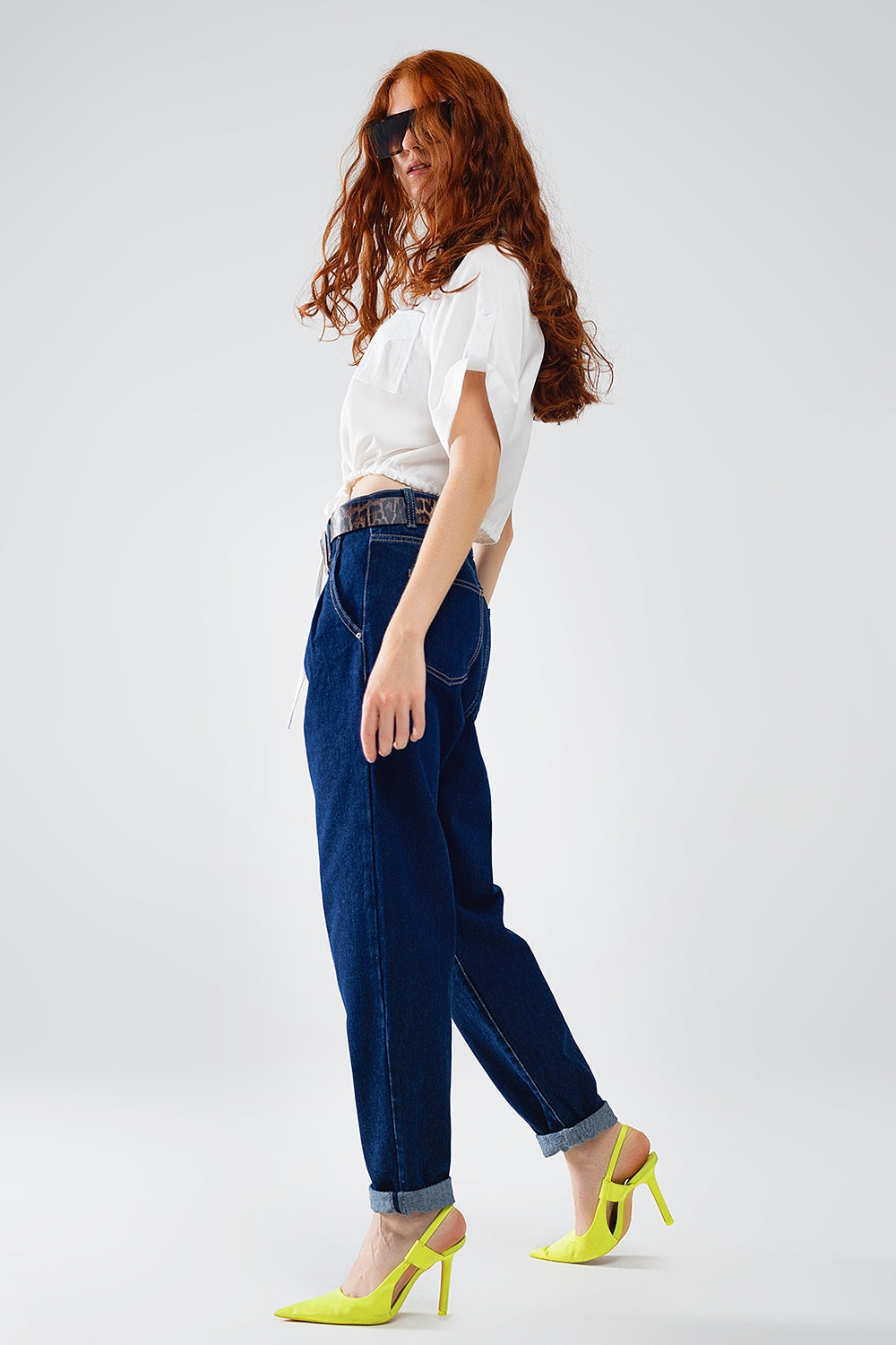 Raw Blue Mom Jeans with Pleated Detail