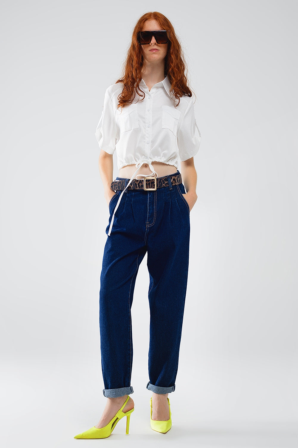 Raw Blue Mom Jeans with Pleated Detail