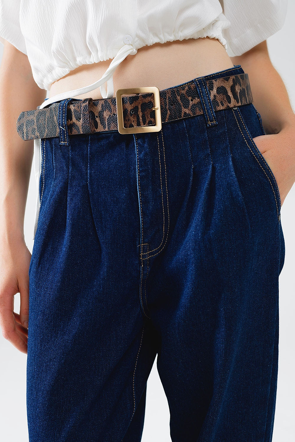 Raw Blue Mom Jeans with Pleated Detail